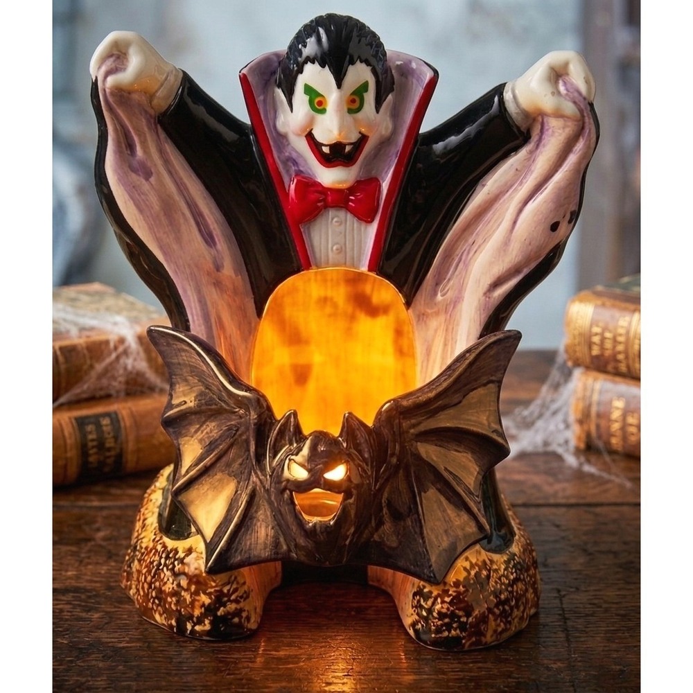 Vintage Dracula Vampire Ceramic Halloween Candle Holder Bat 10.5in 90s Gothic